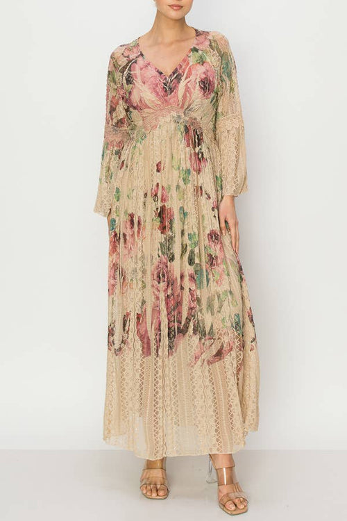 Origami Apparel ~ Lace and Crochet inspired - Romantic Lace Bell-Sleeved A-Line Midi Dress - 4658TP-BIG ROSE