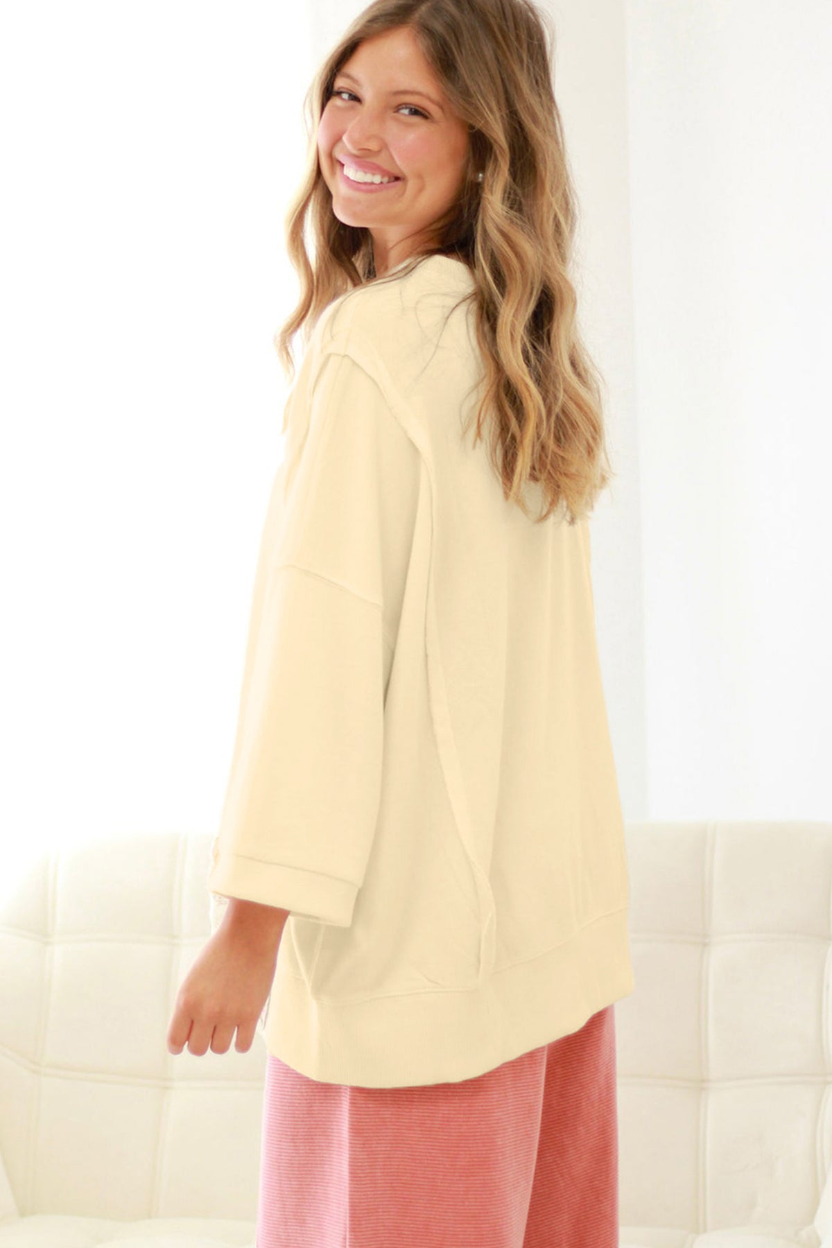 Beige Plus Size Raw Seam Detail Floral Bow Patched Baggy Pullover