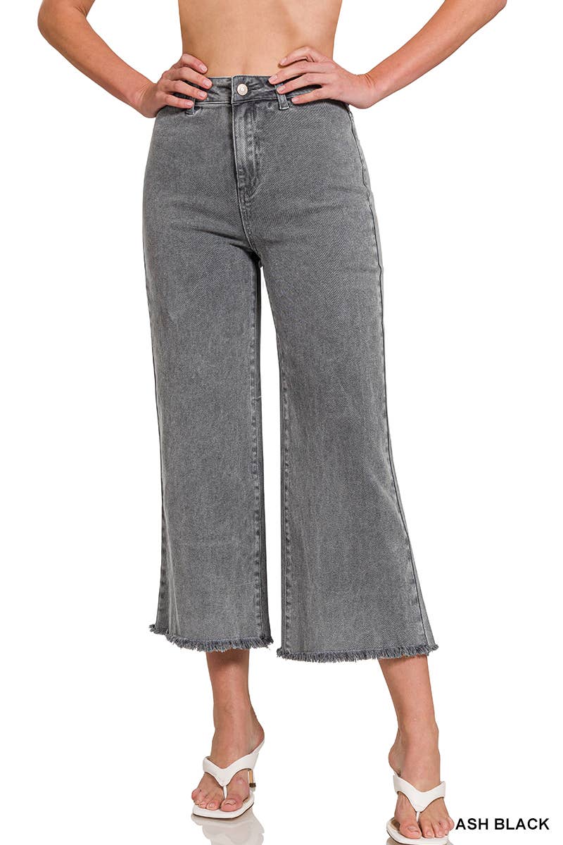42POPS - ",,..Acid Washed Frayed Cutoff Hem Straight Wide Pants