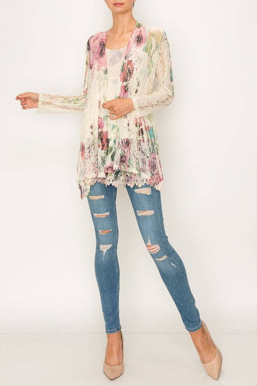 Origami Apparel ~ Lace and Crochet inspired - Feminine Stretchy Snug Long Sleeve Lace Cardigan - 493BIG ROSE