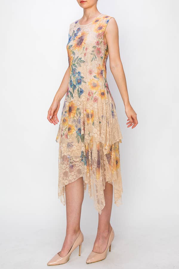 Origami Apparel ~ Lace and Crochet inspired - OLS-4609 TAUPE SUNFLOWER DRESS