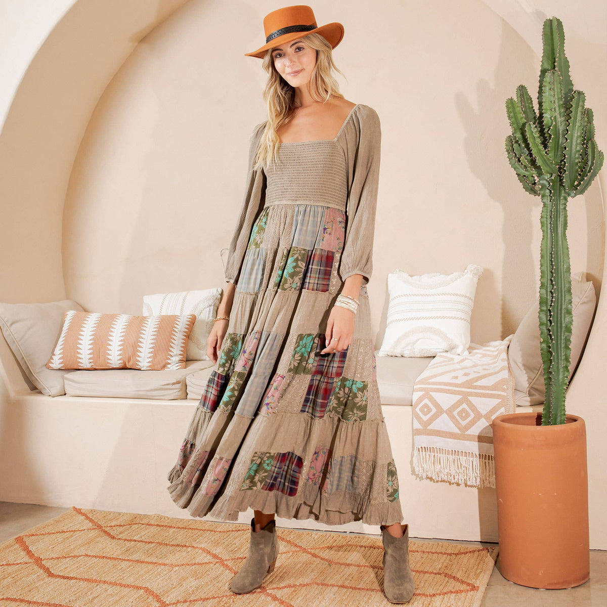 Young Threads - Rustic Bohemian: Smocked Patchwork Maxi Dress - New