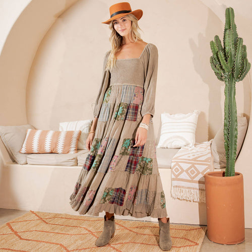 Young Threads - Rustic Bohemian: Smocked Patchwork Maxi Dress - New