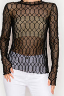 Origami Apparel ~ Lace and Crochet inspired - Sheer Lattice Mesh Long Sleeve Blouse - OLS-4866 BK