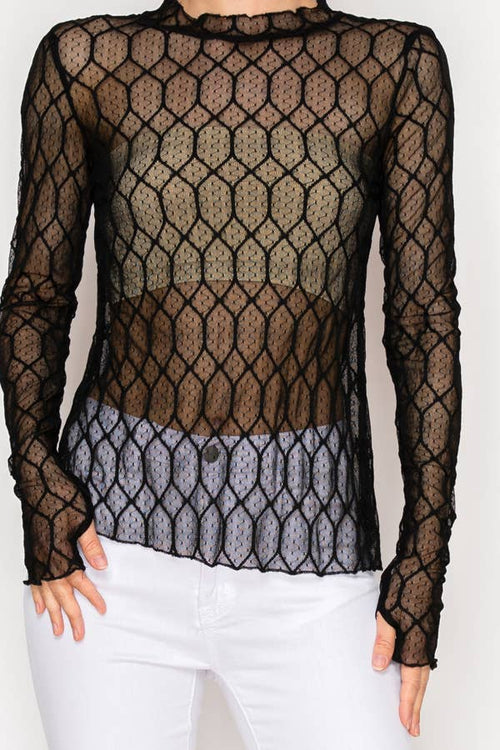 Origami Apparel ~ Lace and Crochet inspired - Sheer Lattice Mesh Long Sleeve Blouse - OLS-4866 BK