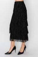 Origami Apparel ~ Multi Layered Fringed Black Midi Skirt - OLS-4794BK