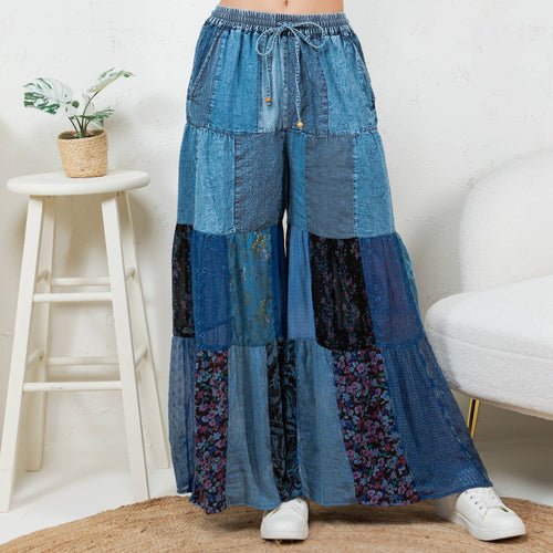 Young Threads - Boho chic Tiered Patch Inserted Denim &Knit Pants(New Color)