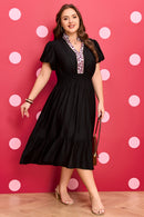 Black Leopard V Neck Patchwork Smocked Waist Plus Size Ruffled Dress