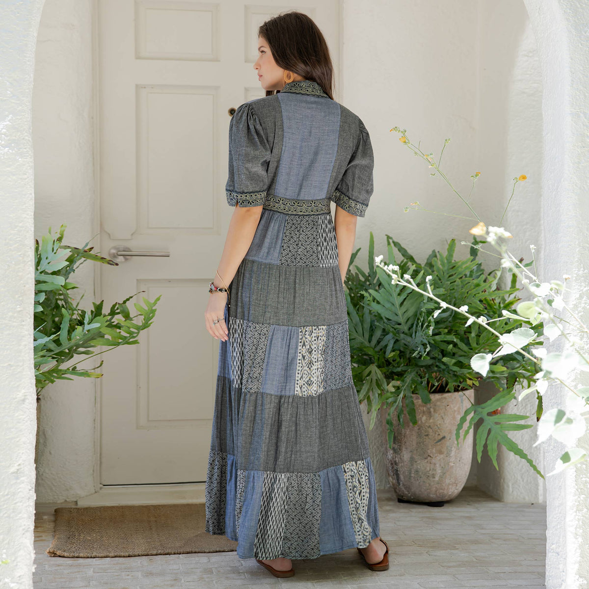 Young Threads - Eclectic Charm: Stone-Washed Rayon V-Neck Long Dress New