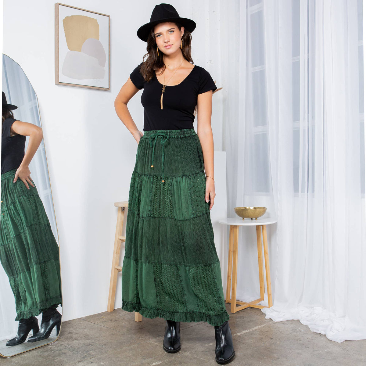 Young Threads - Retro Chic Crinkled Tiered Green Skirt With Mixed Embroidery Patch