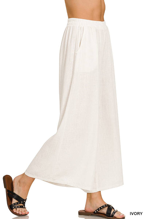 42POPS - ",,, WOVEN PLEATED LINEN BLEND WIDE LEG PANTS