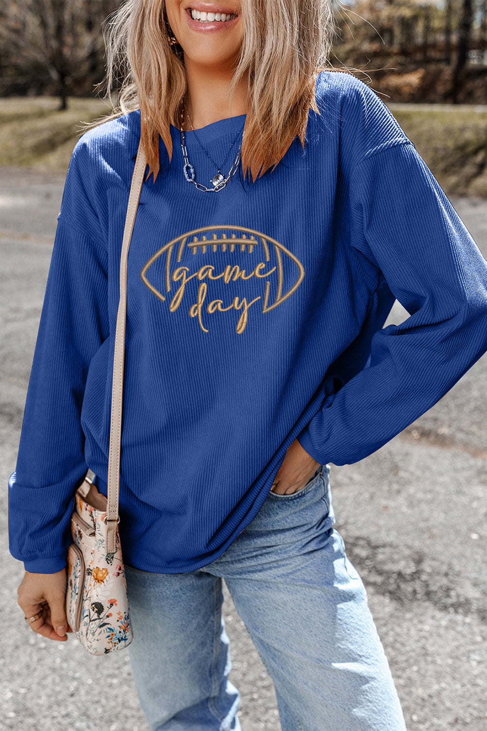 White Football Graphic Game Day Embroidered Corded Sweatshirt