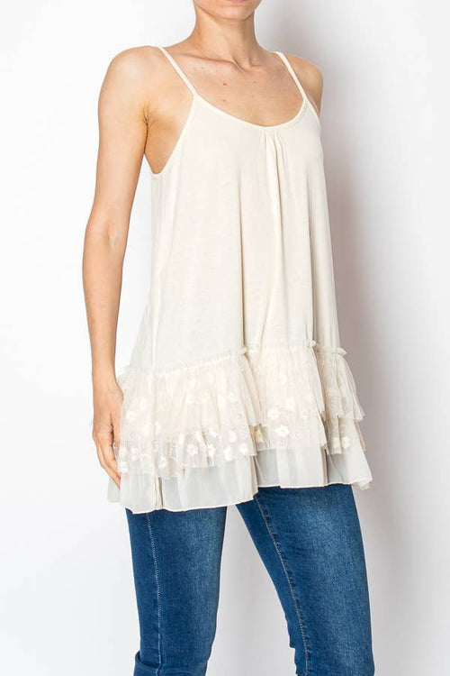 Origami Apparel ~ Lace and Crochet inspired - Adjustable Relaxed Cami Tank With Layered Ruffled Trim - T14 BEIGE