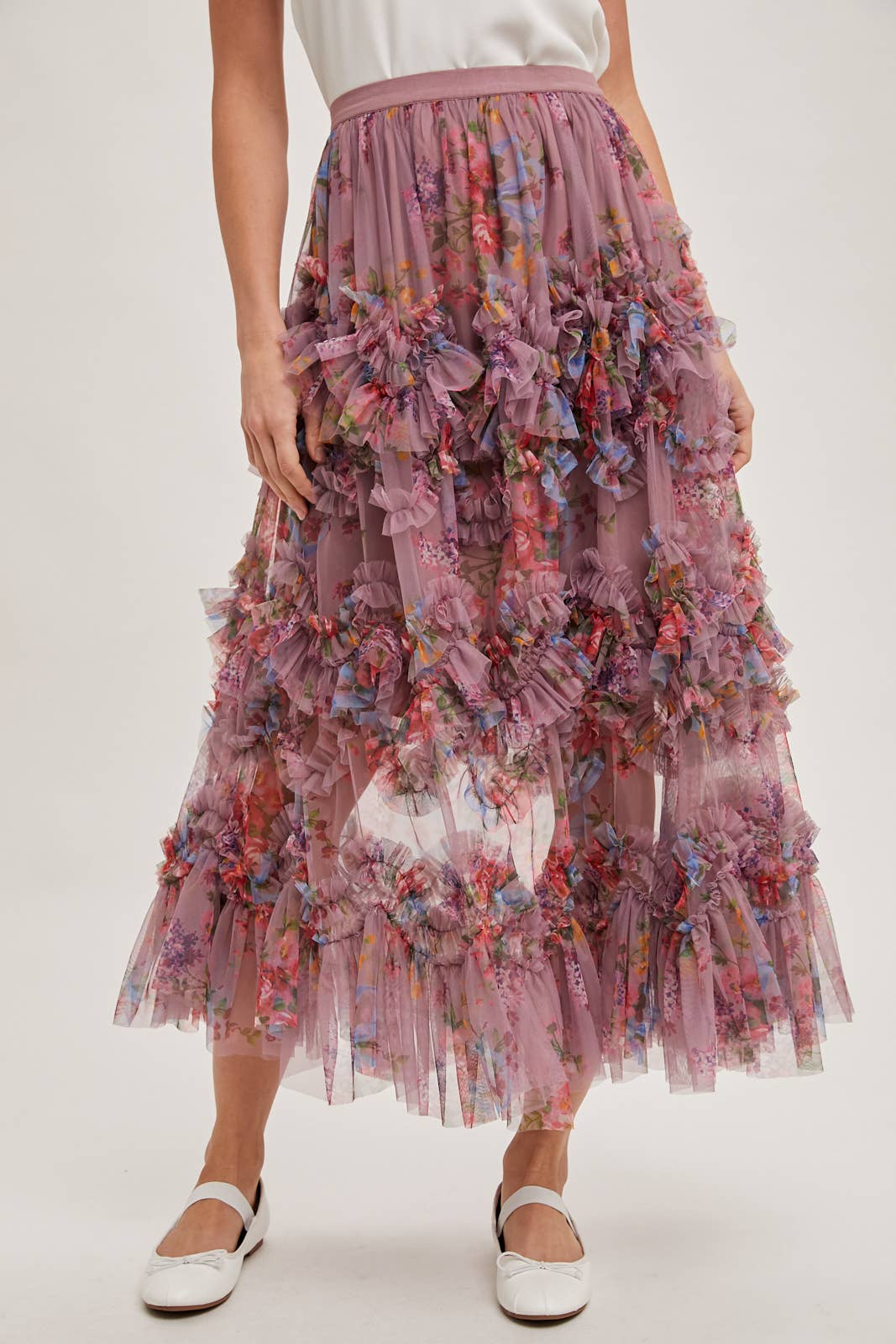 Bluivy - FLORAL RUFFLED MESH MIDI SKIRT