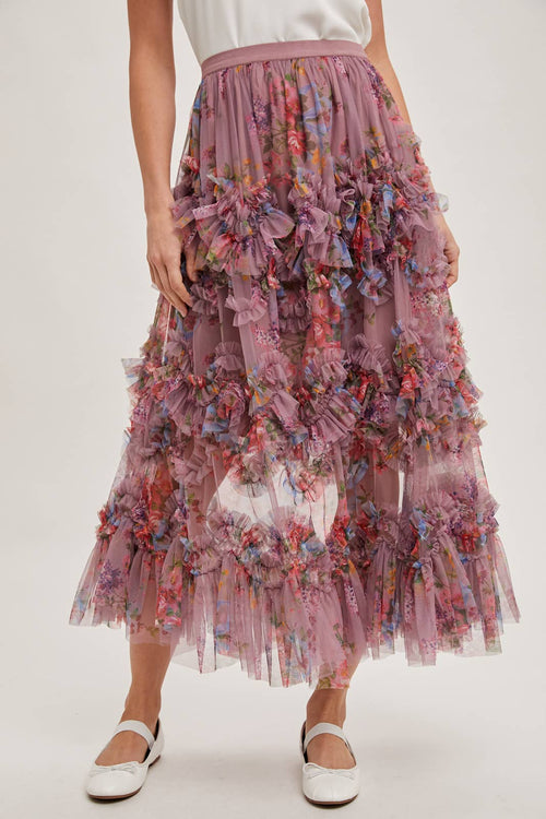 Bluivy - FLORAL RUFFLED MESH MIDI SKIRT