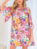Floral lace-trim tie-back bell-sleeve mini dress