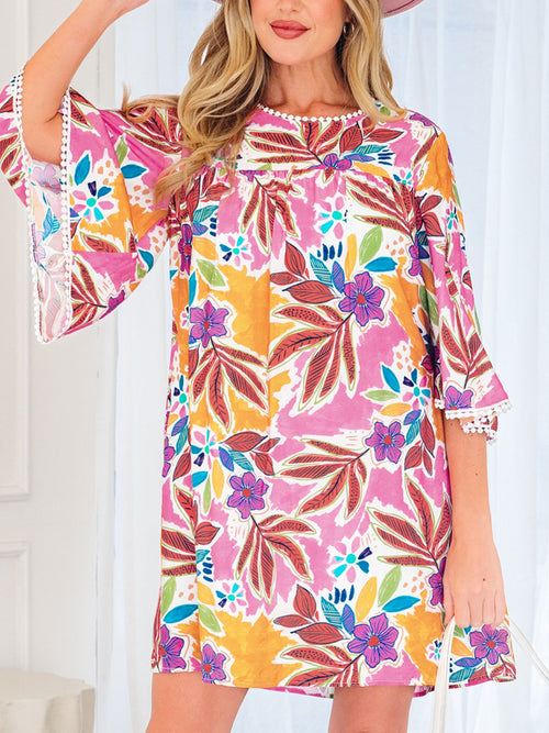 Floral lace-trim tie-back bell-sleeve mini dress