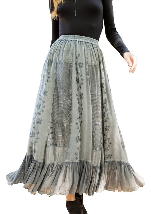 Young Threads - Women Patchwork Embroidered Grey Maxi Skirt With Side Pockets