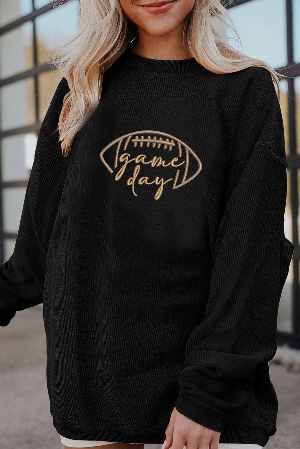 White Football Graphic Game Day Embroidered Corded Sweatshirt