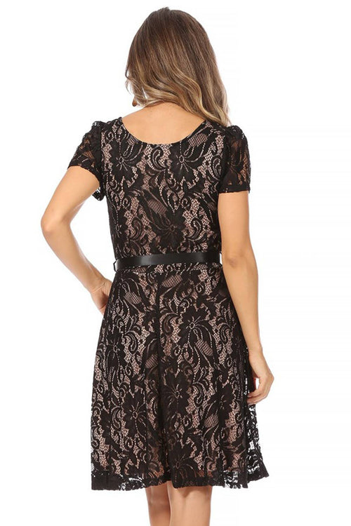 MOA COLLECTION - Women's Lace Short Sleeve A-Line Midi Dress
