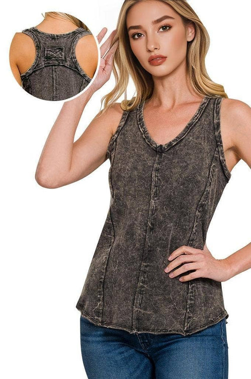42POPS - `.FRENCH TERRY CRINKLE WASHED RAW EDGE V-NECK SLEEVEL