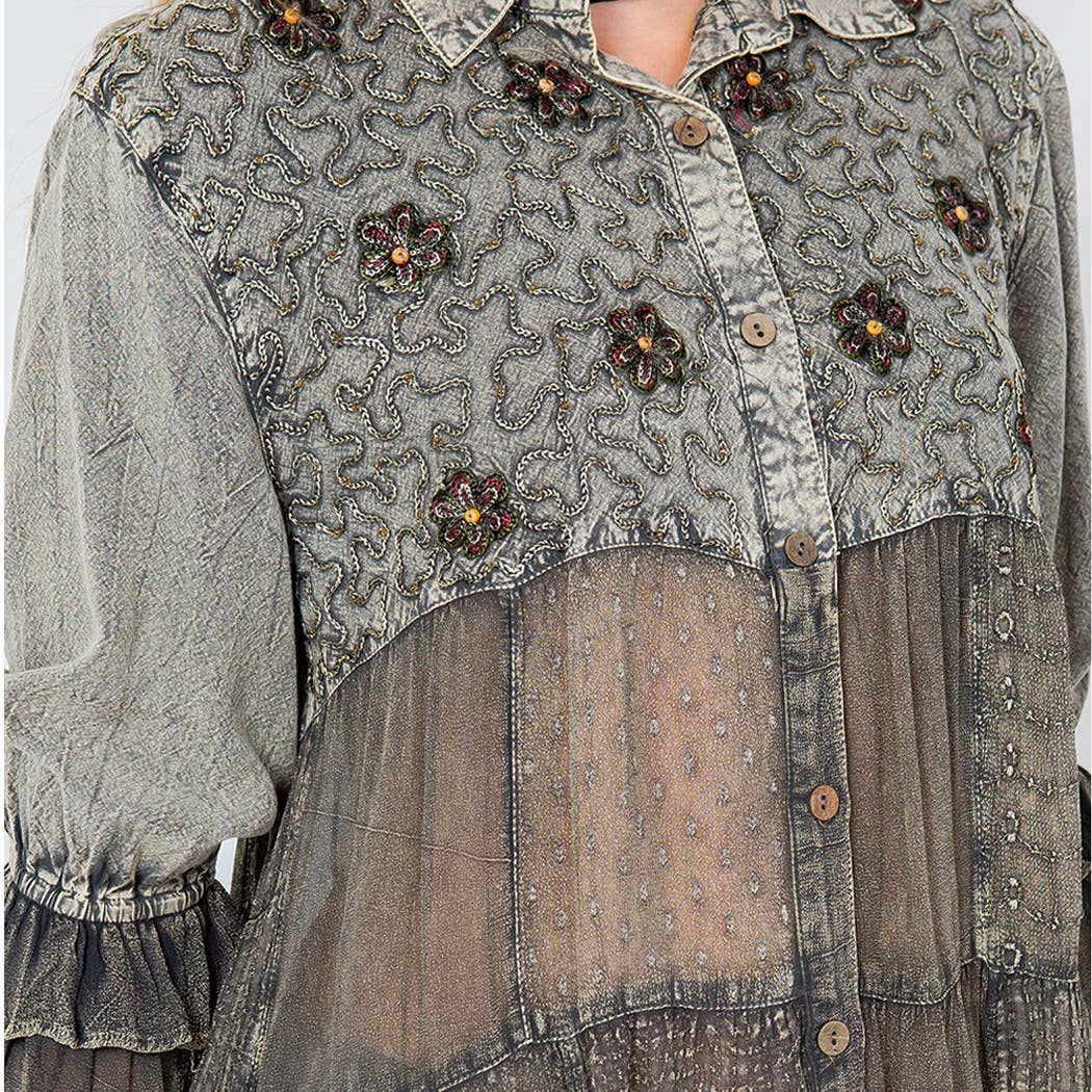 Young Threads - Women’s Mexican Embroidery Blouse - Gathered Waist Shirt