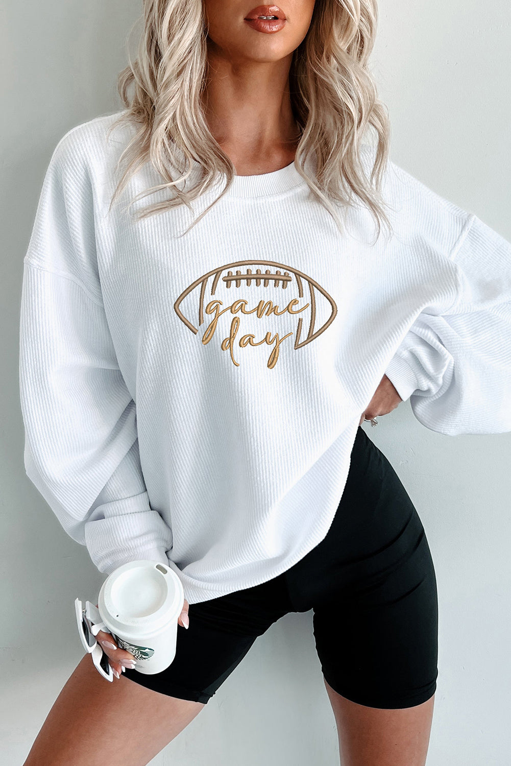 White Football Graphic Game Day Embroidered Corded Sweatshirt