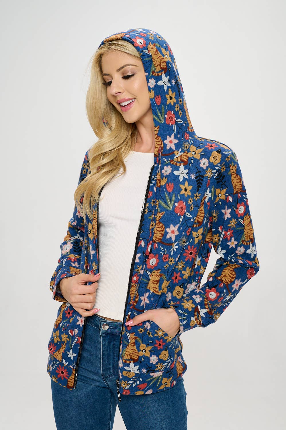 LA Soul - Floral Cat Zipper Hoodie