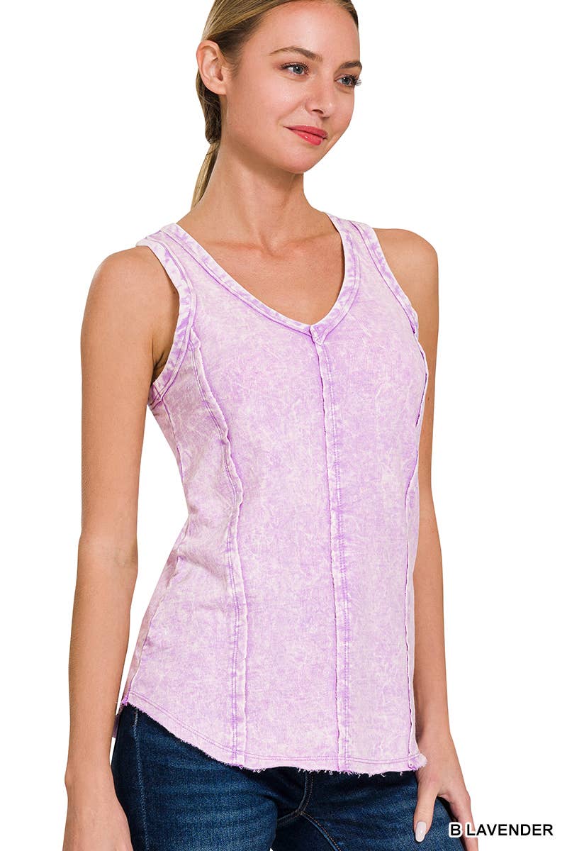 42POPS - `.SI-25350 Washed Raw Edge V Neck Sleeveless Top