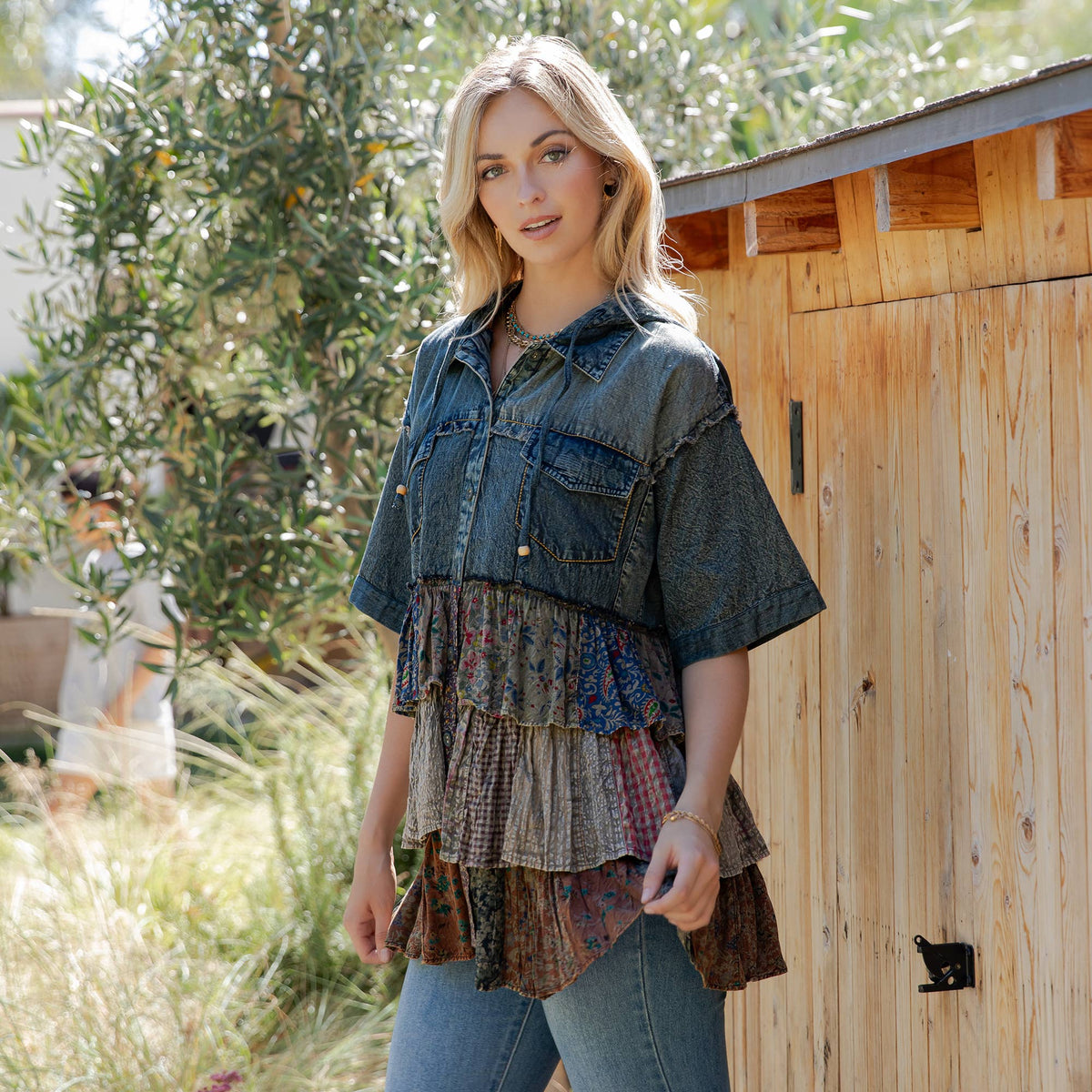 Young Threads - Front-Open Hooded Denim Shirt with Playful Mixed Ruffles