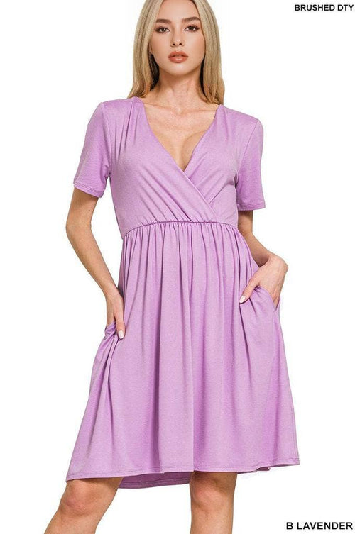 42POPS - 0719 Brushed Dty Buttery Soft Fabric Surplice Dress w/ pockets SI