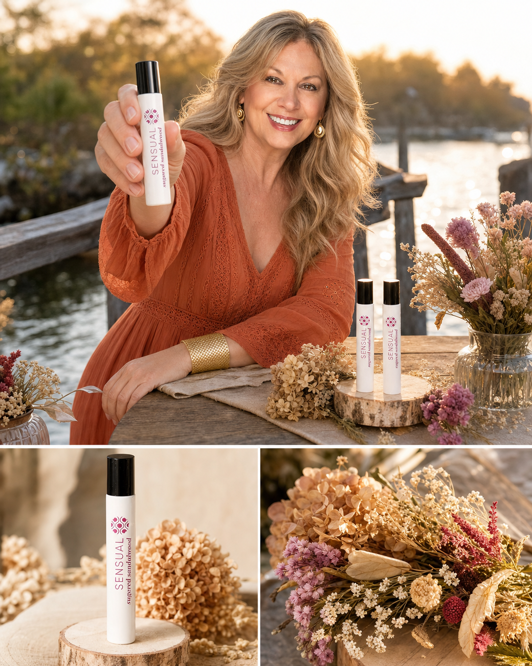 Woman in a rust dress holds a Sensual fragrance roll-on beside floral product photographs
