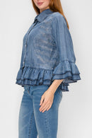 Origami Denim Sparkly Chambray Ruffle Jacket, 5015SW Denim — manufacturer view 2