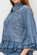 Origami Denim Sparkly Chambray Ruffle Jacket, 5015SW Denim — manufacturer view 3