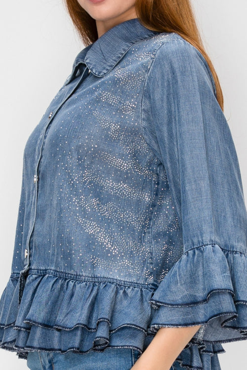 Origami Denim Sparkly Chambray Ruffle Jacket, 5015SW Denim — manufacturer view 3