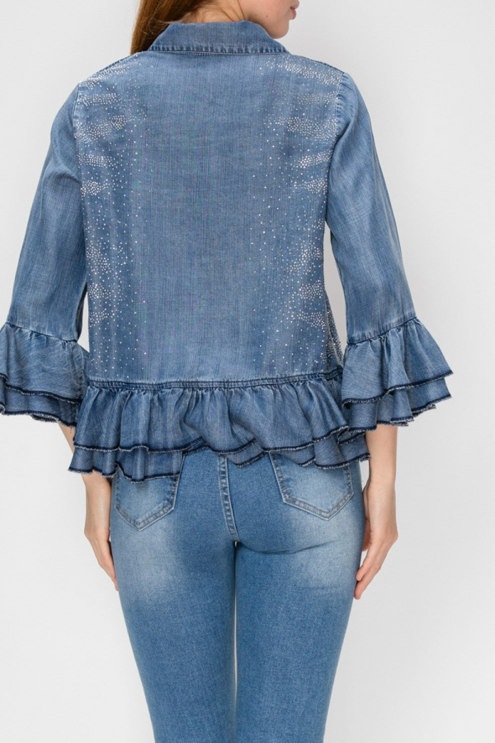 Origami Denim Sparkly Chambray Ruffle Jacket, 5015SW Denim — manufacturer view 4