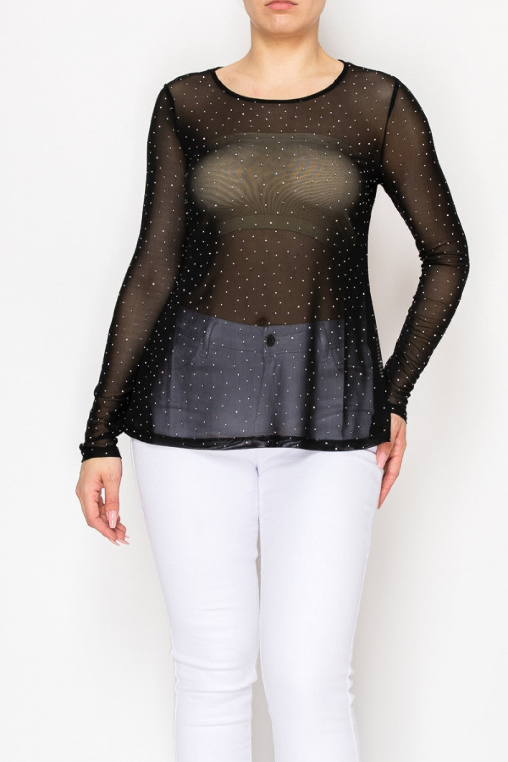 Origami Black Sparkly Mesh Long Sleeve Top, 4847BLACK — manufacturer view 1