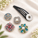 Sandy Snap Barrettes Fit 18mm Snap Button Charms plain base beside four separate decorative snaps; styling choices