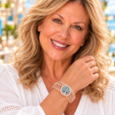 Rose Gold Sandy Snap Adjustable Bracelet Bangle Fits 18mm Snap Buttons modeled with interchangeable snaps; other jewelry shown for styling