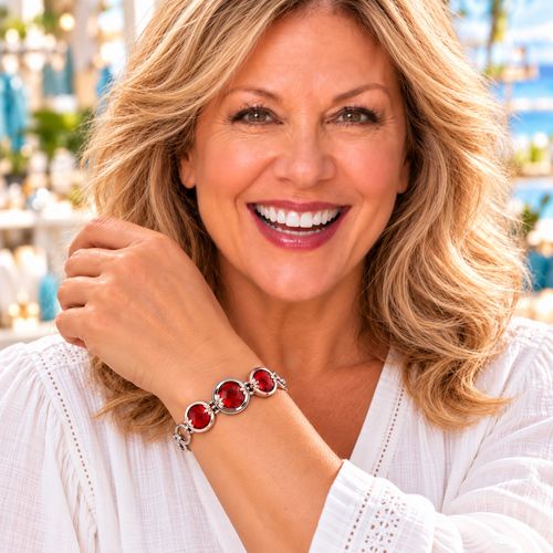 Styling photo of a woman in a white blouse wearing a bracelet with red snap charms