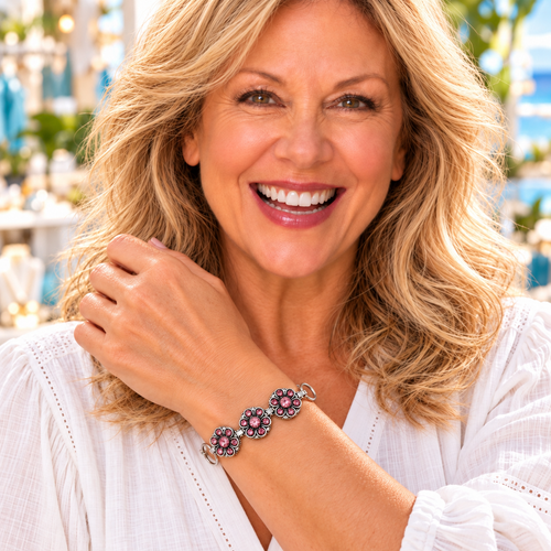 Styling photo of a woman in a white blouse wearing a bracelet with pink snap charms
