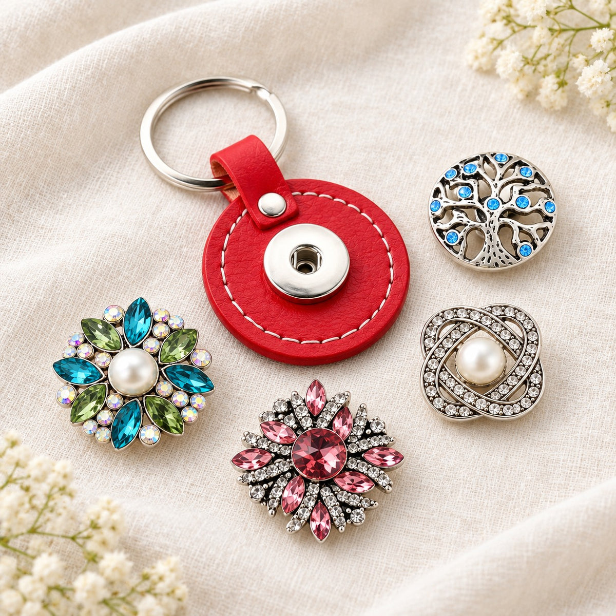 Round PU Leather Sandy Snap Interchangeable Charm Keychain