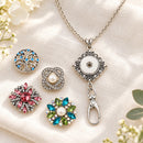 Diamond Shape Badge ID Holder Sandy Snap Interchangeable Charm Lanyard plain base beside four separate decorative snaps; styling choices