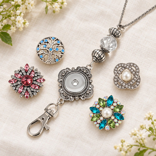 Cross & Crystal Bead Badge ID Holder Sandy Snap Interchangeable Charm Lanyards plain base beside four separate decorative snaps; styling choices