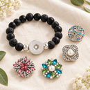 Aromatherapy Black Lava Rock Sandy Snap Interchangeable Charm Bracelet plain base beside four separate decorative snaps; styling choices