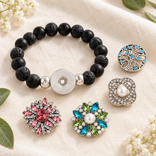 Aromatherapy Black Lava Rock Sandy Snap Interchangeable Charm Bracelet plain base beside four separate decorative snaps; styling choices