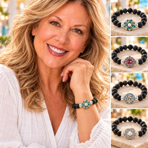 Woman wearing a black bead bracelet with a decorative round snap charm