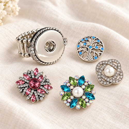 Elastic Stretchable Rhinestone Sandy Snap Interchangeable Charm Ring plain base beside four separate decorative snaps; styling choices