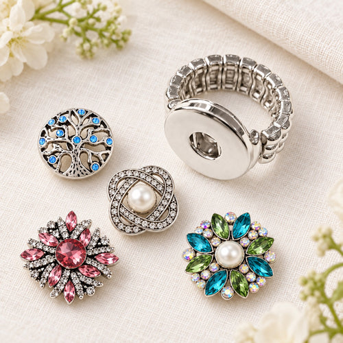 Sandy Snap Jewelry Ring Stretchable Elastic for Easy on and Off plain base beside four separate decorative snaps; styling choices