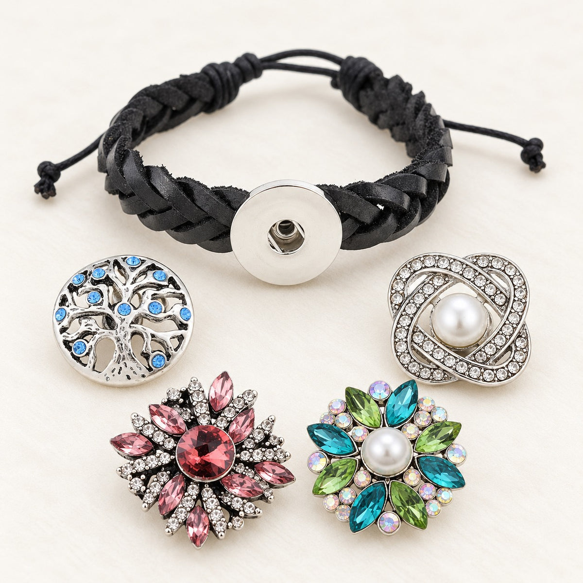 Braided Leather Sandy Snap Interchangeable Charm Bracelet
